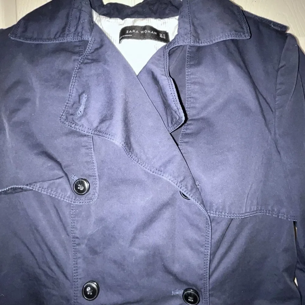 Zara Women's Jacket Coat Sz‎ M Navy Blue Business Collared Buttons Buckles Chic